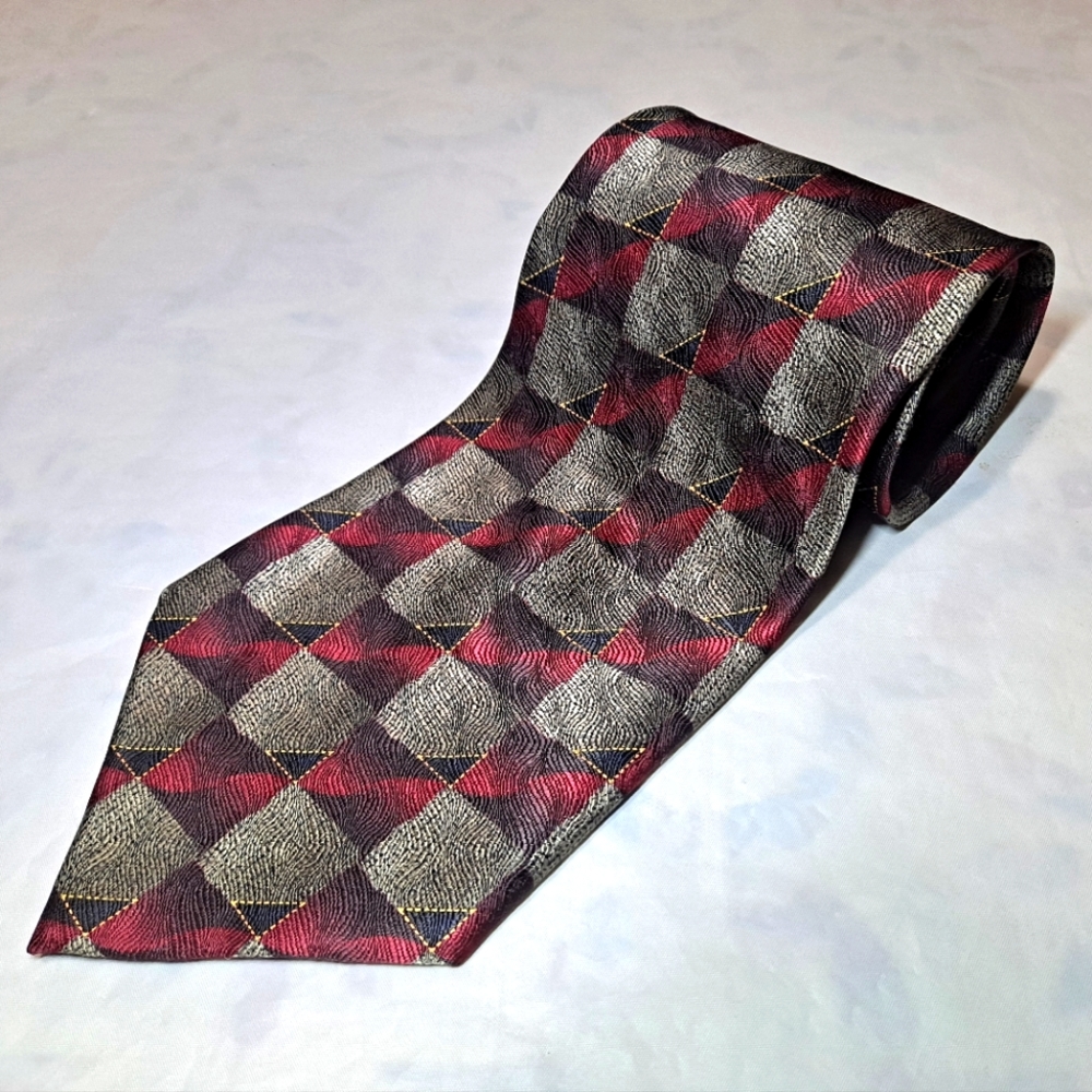 Gasparo "Extra Long" 💯 Silk Designer Necktie 65"x4" Burgundy/Silver/Black Plaid
